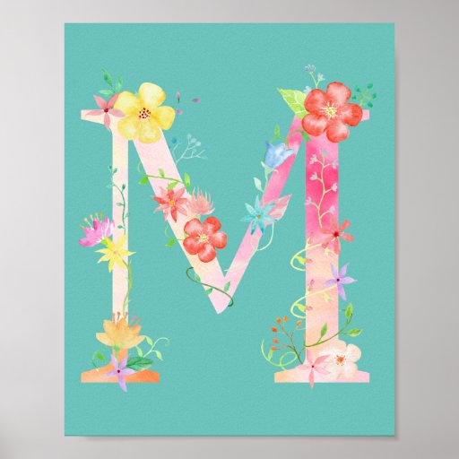 Watercolor Floral Letter M Poster | Zazzle