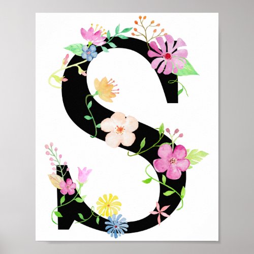 Watercolor Floral Letter S Poster