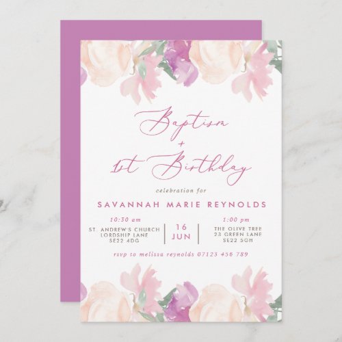 Watercolor Floral Lilac Baptism  1st Birthday Invitation