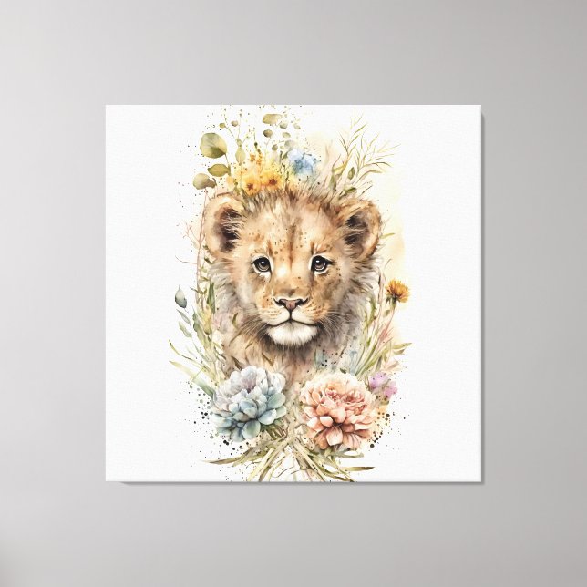 Watercolor floral lion cub Canvas Wall Art (Front)