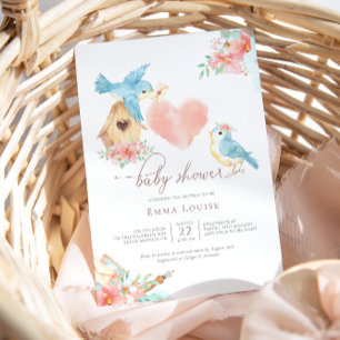 Watercolor Floral Little Birds Girl Baby Shower Invitation