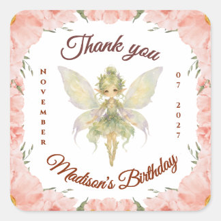 Watercolor Floral Little Fairy Birthday Square Sticker