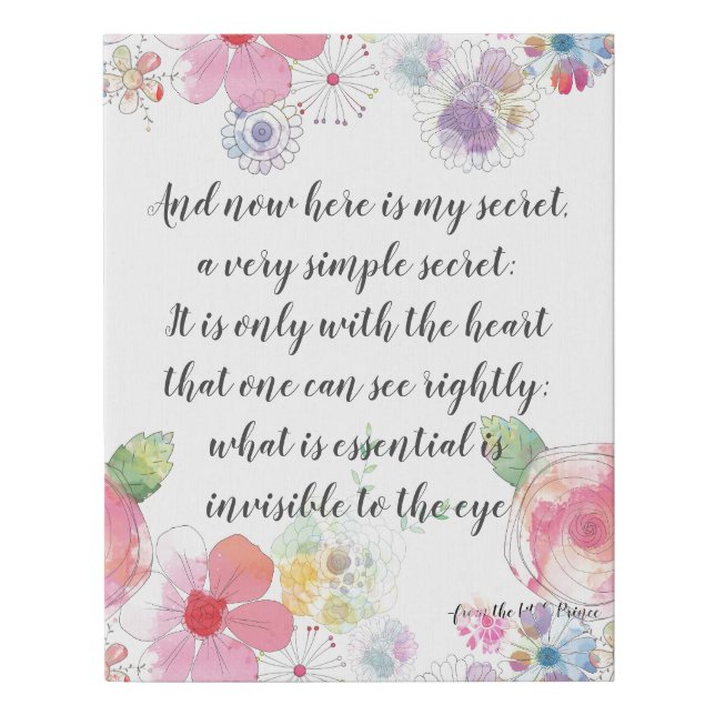Watercolor Floral Little Prince Quote Faux Canvas Print (Front)