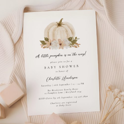 Watercolor Floral Little Pumpkin Baby Shower Invitation