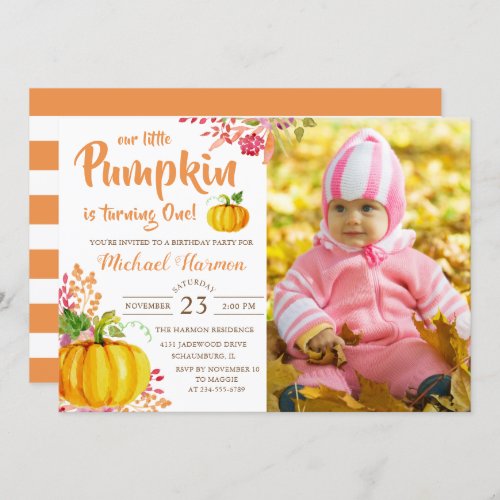 Watercolor Floral Little Pumpkin Birthday Photo Invitation