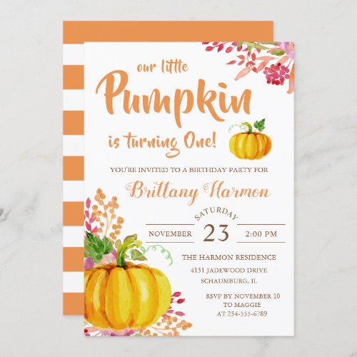 Watercolor Floral Little Pumpkin Girl Birthday Invitation