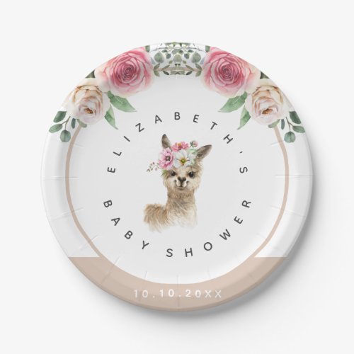 Watercolor Floral Llama Gender Neutral Baby Shower Paper Plates