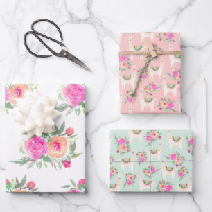 Watercolor floral llama wrapping paper sheets