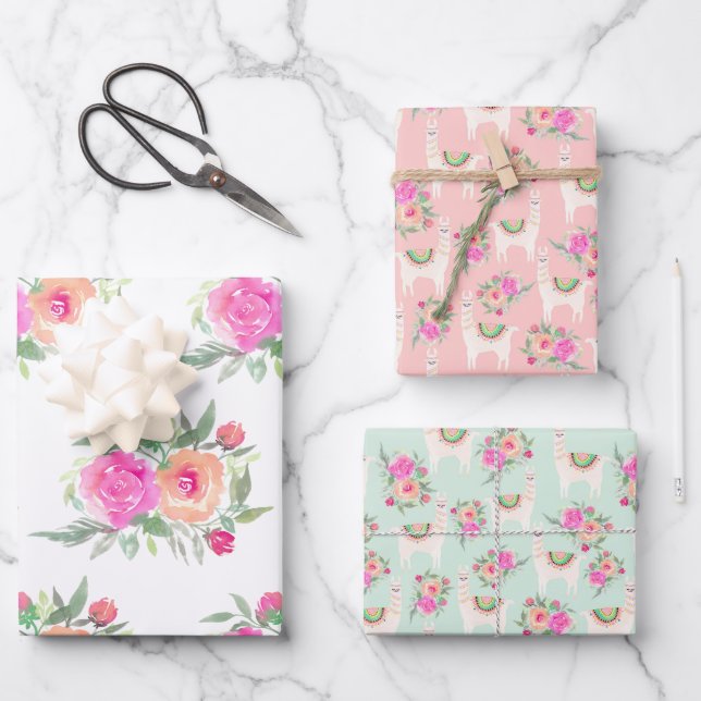 Watercolor floral llama wrapping paper sheets (Front)