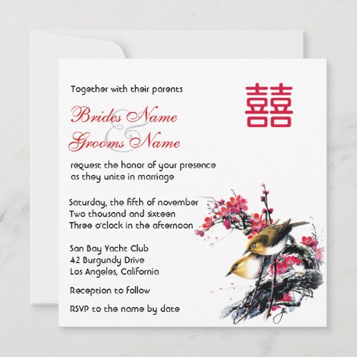 Watercolor Floral Love Birds Chinese Xi Wedding Invitation