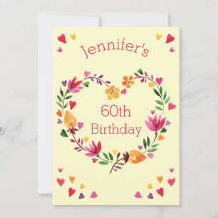 Watercolor Floral Love Heart Wreath 60th Birthday Invitation