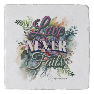 Watercolor Floral Love Never Fails Scripture Trivet