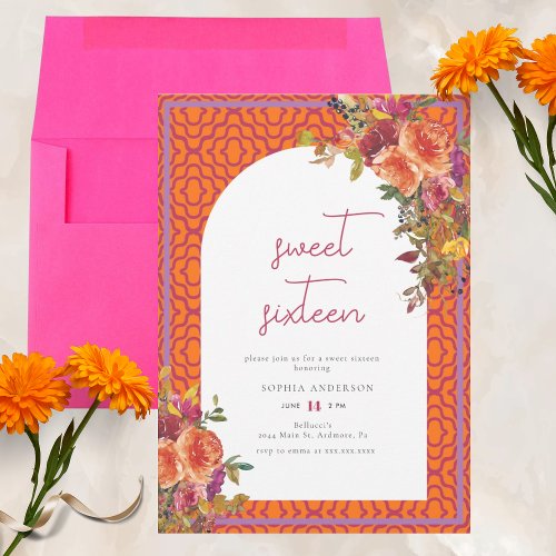 Watercolor Floral Magenta Fuchsia Sweet Sixteen Invitation