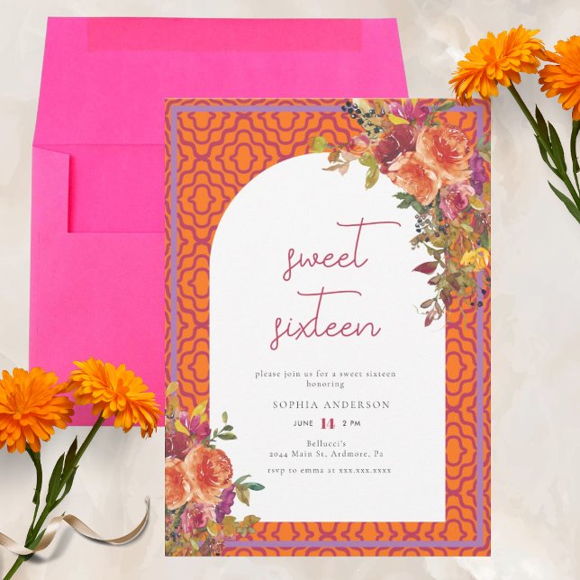 Watercolor Floral Magenta Fuchsia Sweet Sixteen Invitation (Creator Uploaded)