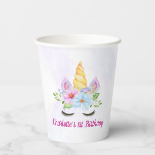 Watercolor Floral Magical Unicorn 1st Birthday Paper Cups