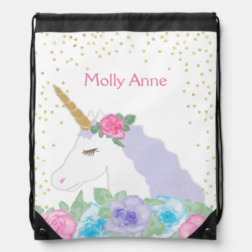 Watercolor Floral Magical Unicorn Back to School Drawstring Bag