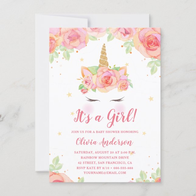 Watercolor Floral Magical Unicorn Girl Baby Shower Invitation (Front)