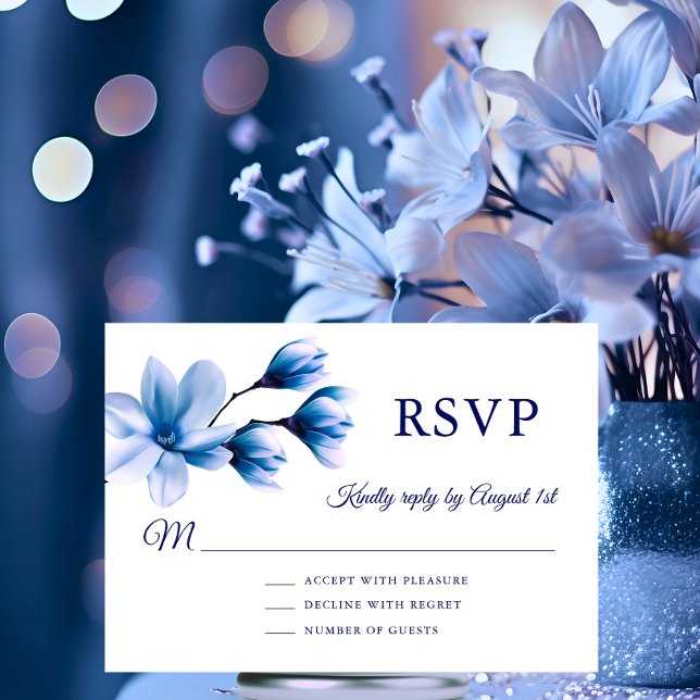 Watercolor Floral Magnolia Blue Navy Wedding RSVP Card (Watercolor Floral Magnolia Blue Navy Wedding RSVP Card)