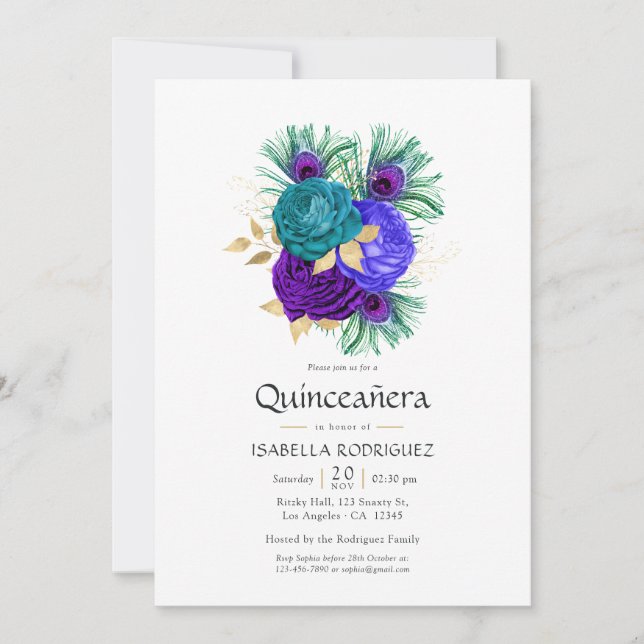 Watercolor Floral Mardi Gras Quinceañera Invitation (Front)