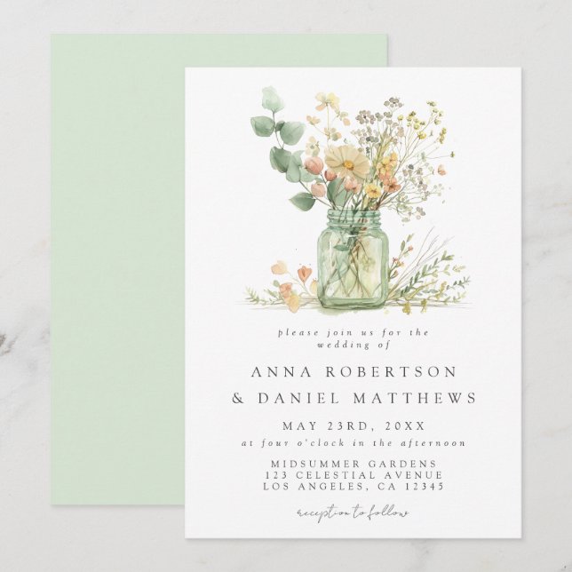 Watercolor Floral Mason Jar Wedding Invitation (Front/Back)