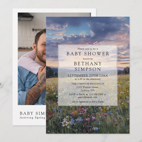 Watercolor Floral Meadow Photo QR Code Baby Shower Invitation