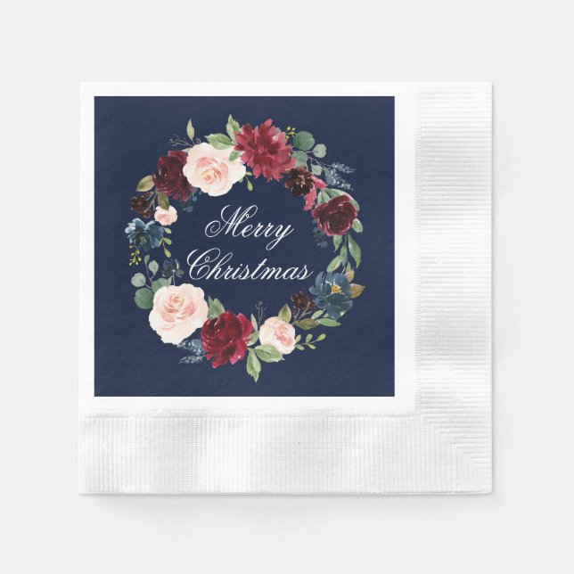 Watercolor Floral Merry Christmas Blue Cocktail Napkins (Front)