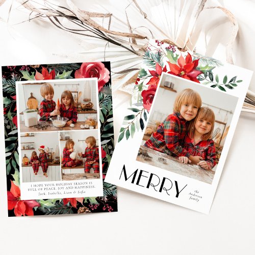 Watercolor Floral Merry Christmas Photo Card