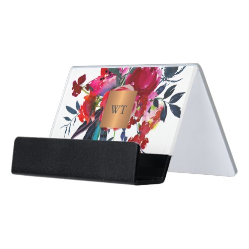 Watercolor floral metallic copper square monogram desk business card holder