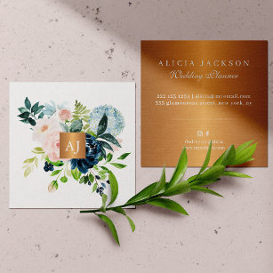 Watercolor floral metallic copper wedding planner square business card
