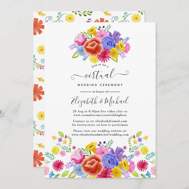 Watercolor Floral Mexican Fiesta Virtual Wedding Invitation (Front/Back)