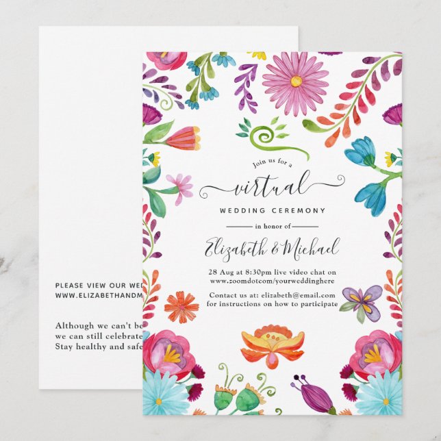 Watercolor Floral Mexican Fiesta Virtual Wedding Invitation (Front/Back)