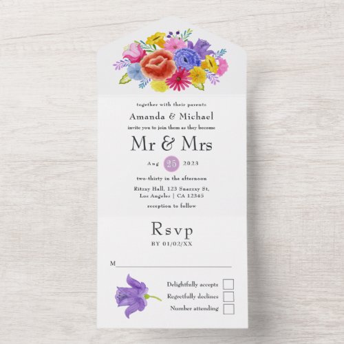 Watercolor Floral Mexican Fiesta Wedding All In One Invitation