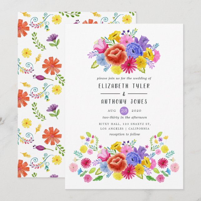 Watercolor Floral Mexican Fiesta Wedding Invitation (Front/Back)