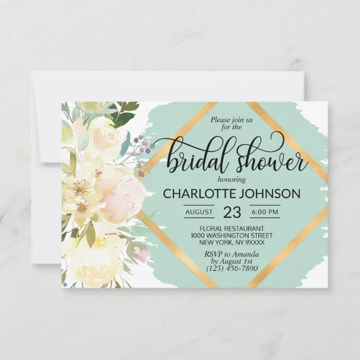 Download Watercolor Floral Mint Green Gold Bridal Shower Invitation Zazzle Com