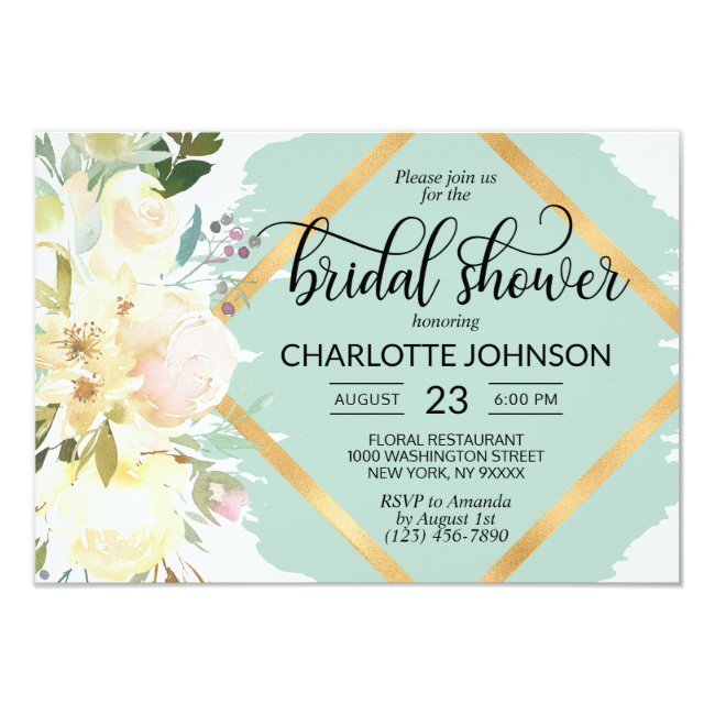 Watercolor Floral Mint Green Gold Bridal Shower Invitation