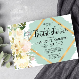 Watercolor Floral Mint Green Gold Bridal Shower Invitation