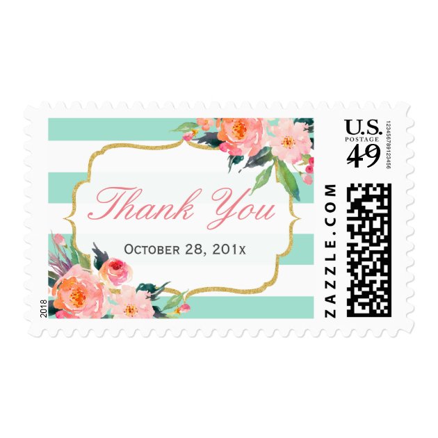 Watercolor Floral Mint Green Stripes Thank You Postage