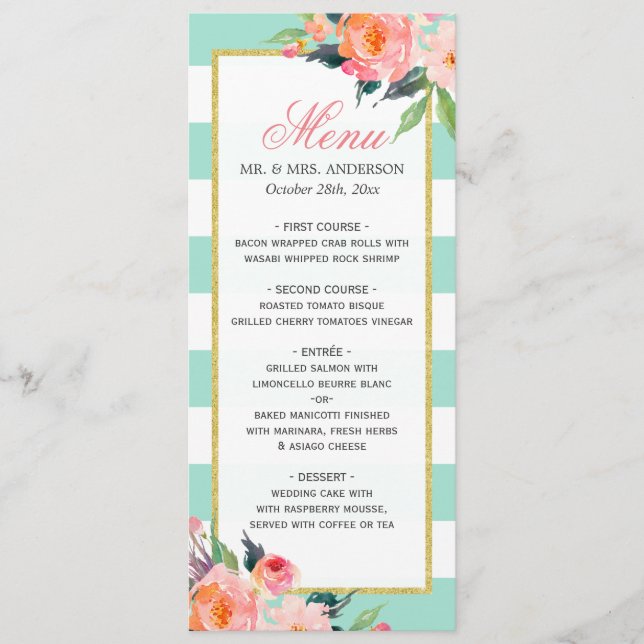 Watercolor Floral Mint Green Stripes Wedding Menu (Front)