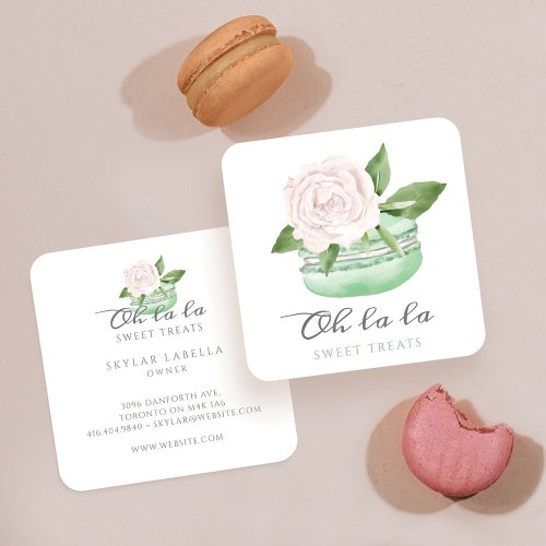 Watercolor Floral Mint Macaron Bakery  Sweets Square Business Card