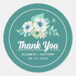 Watercolor Floral Mint Thank You Wedding  Classic Round Sticker at Zazzle