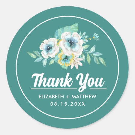Watercolor Floral Mint Thank You Wedding  Classic Round Sticker