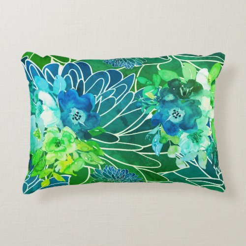 Watercolor Floral Mix Blues Indoor Outdoor Pillow