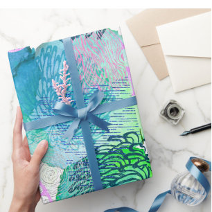 Watercolor floral modern abstract blue pink wrapping paper