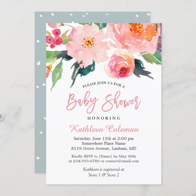 Watercolor Floral Modern Classy Baby Shower Invitation (Front/Back)