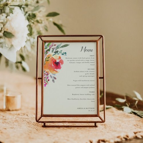 Watercolor Floral Modern Elegant Wedding Menu Card