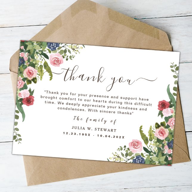 Watercolor Floral Modern Funeral Thank You Note Card (Creator Uploaded)