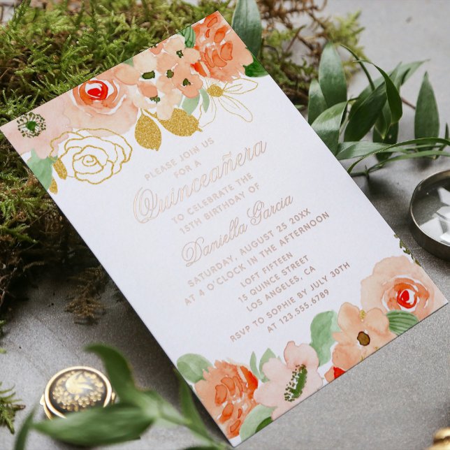 Watercolor Floral Modern Quinceañera Rose Gold Foil Invitation (Creator Uploaded)