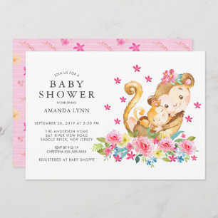 Watercolor Floral Mom Baby Monkey Baby Girl Shower Invitation
