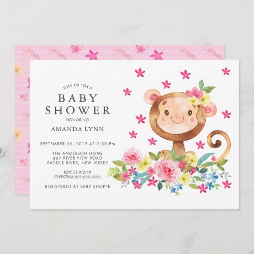 Watercolor Floral Monkey Baby Girl Shower Invitation