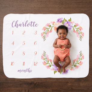 Watercolor Floral Monogram Baby Milestone Photo Blanket